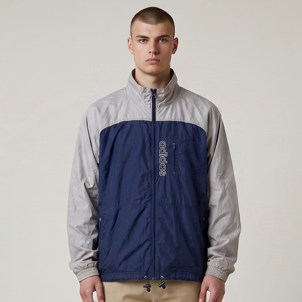 Vintage Adidas Windbreaker Jacket Men L 2001 Y2K Blue Grey Spell Out Coat 489995